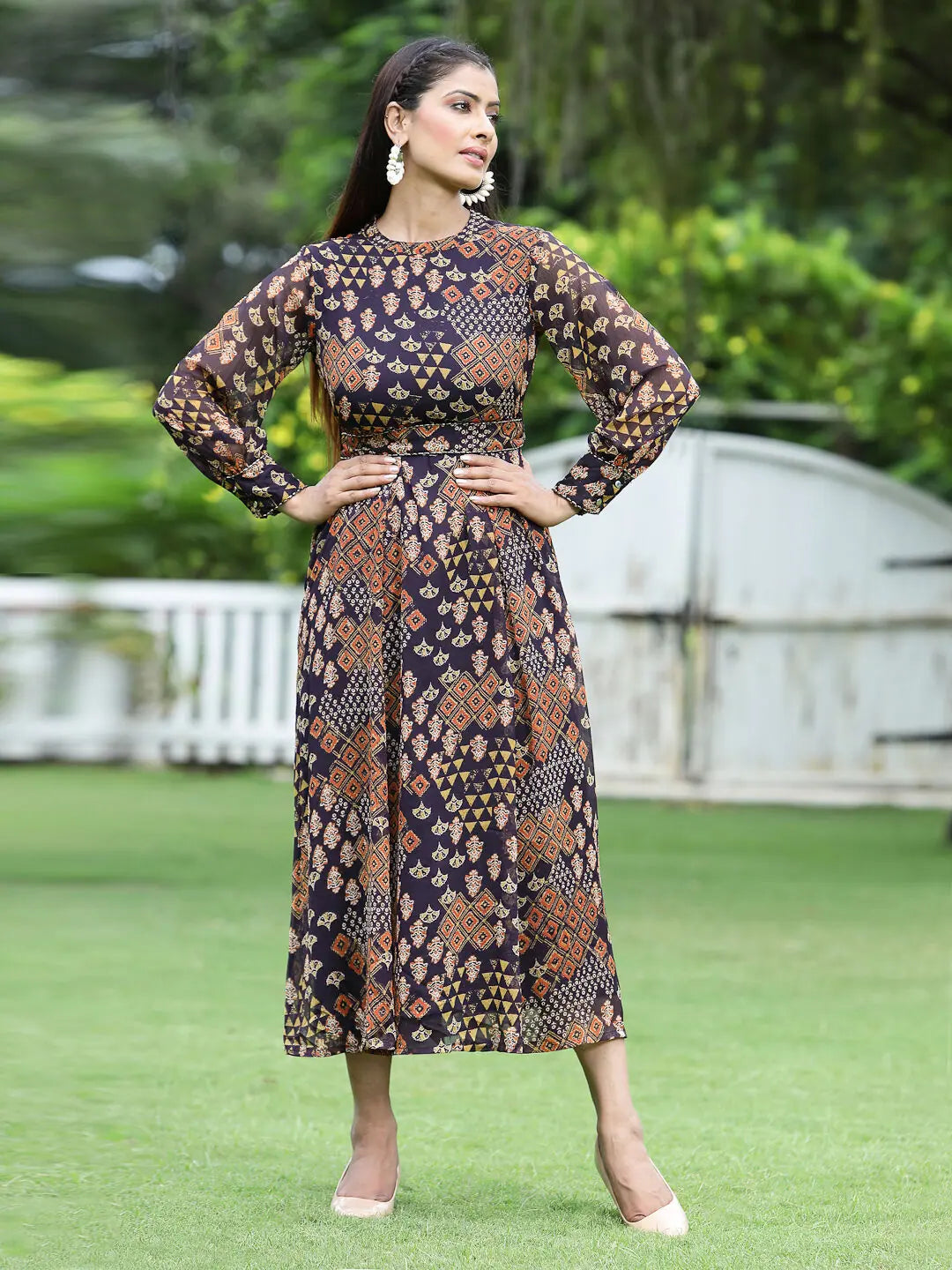 Women's Multicolour Chiffon Printed Flared Dress