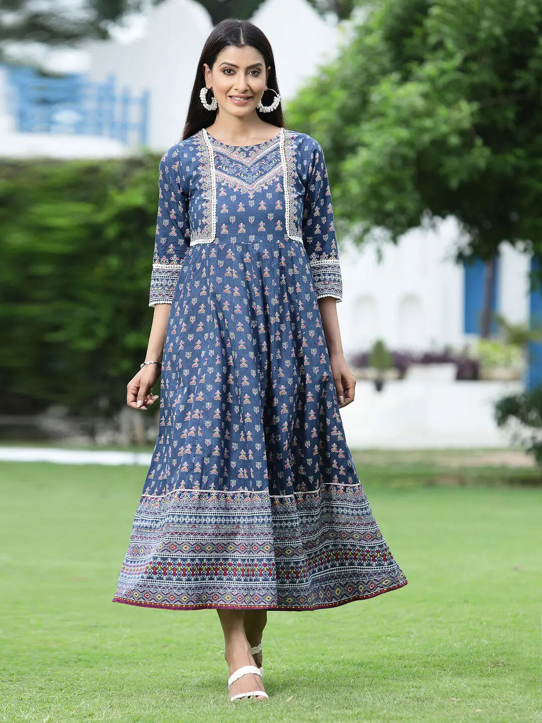 Women's Indigo Cambric Printed Anarkali Dress