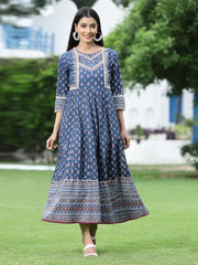 Women's Indigo Cambric Printed Anarkali Dress