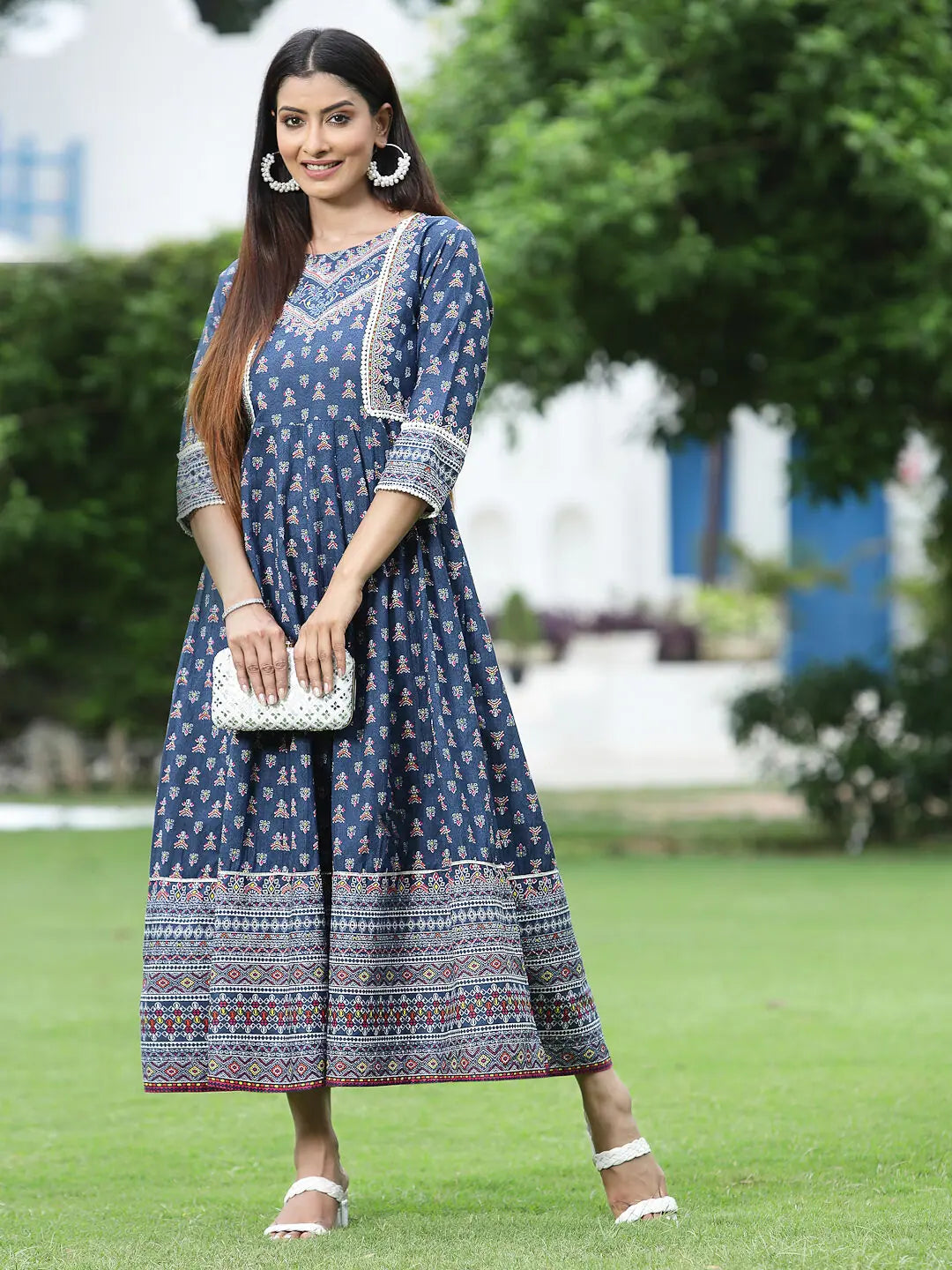 Indigo Cambric Printed Anarkali Dress | Women's Anarkali Kurti