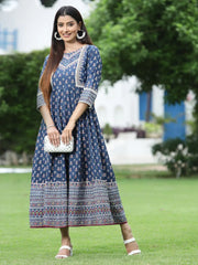 Women's Indigo Cambric Printed Anarkali Dress