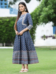 Women's Indigo Cambric Printed Anarkali Dress