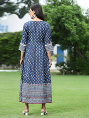 Women's Indigo Cambric Printed Anarkali Dress