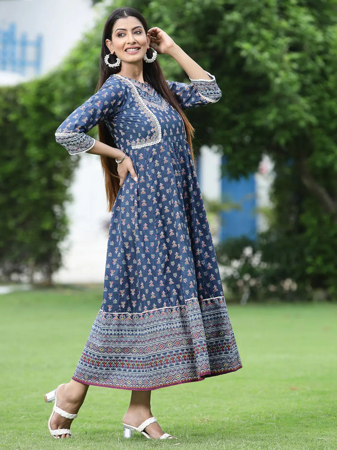 Indigo Cambric Printed Anarkali Dress | Women's Anarkali Kurti