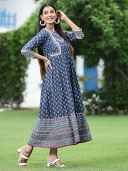 Women's Indigo Cambric Printed Anarkali Dress