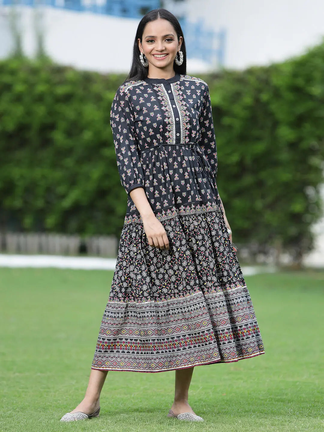 Women's Black Cambric Printed Tiered Dress