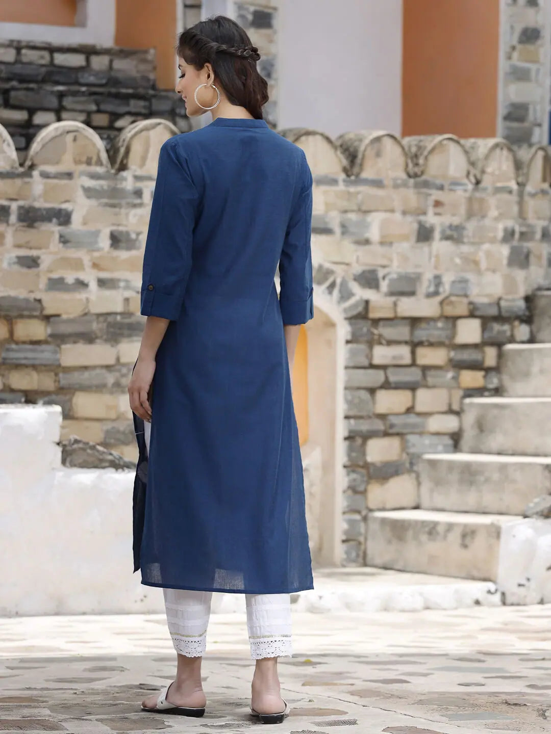 Royal Blue Embroidered Kurta - Women's Indian Kurta Style