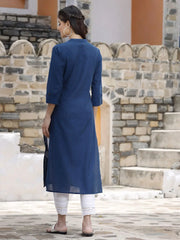 Women's Royal Blue Cotton Embroidered Straight Kurta