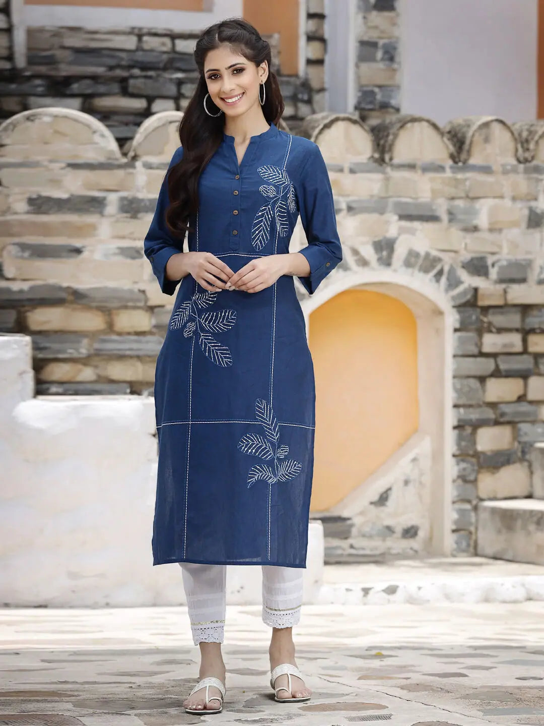 Royal Blue Embroidered Kurta - Women's Indian Kurta Style