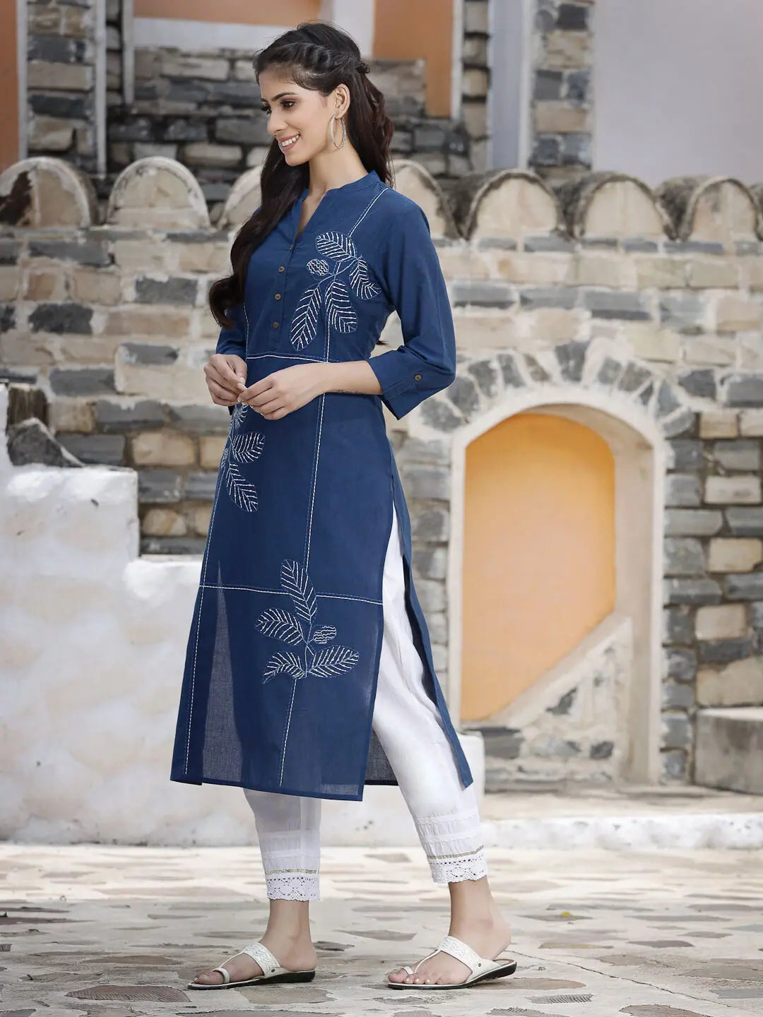 Royal Blue Embroidered Kurta - Women's Indian Kurta Style