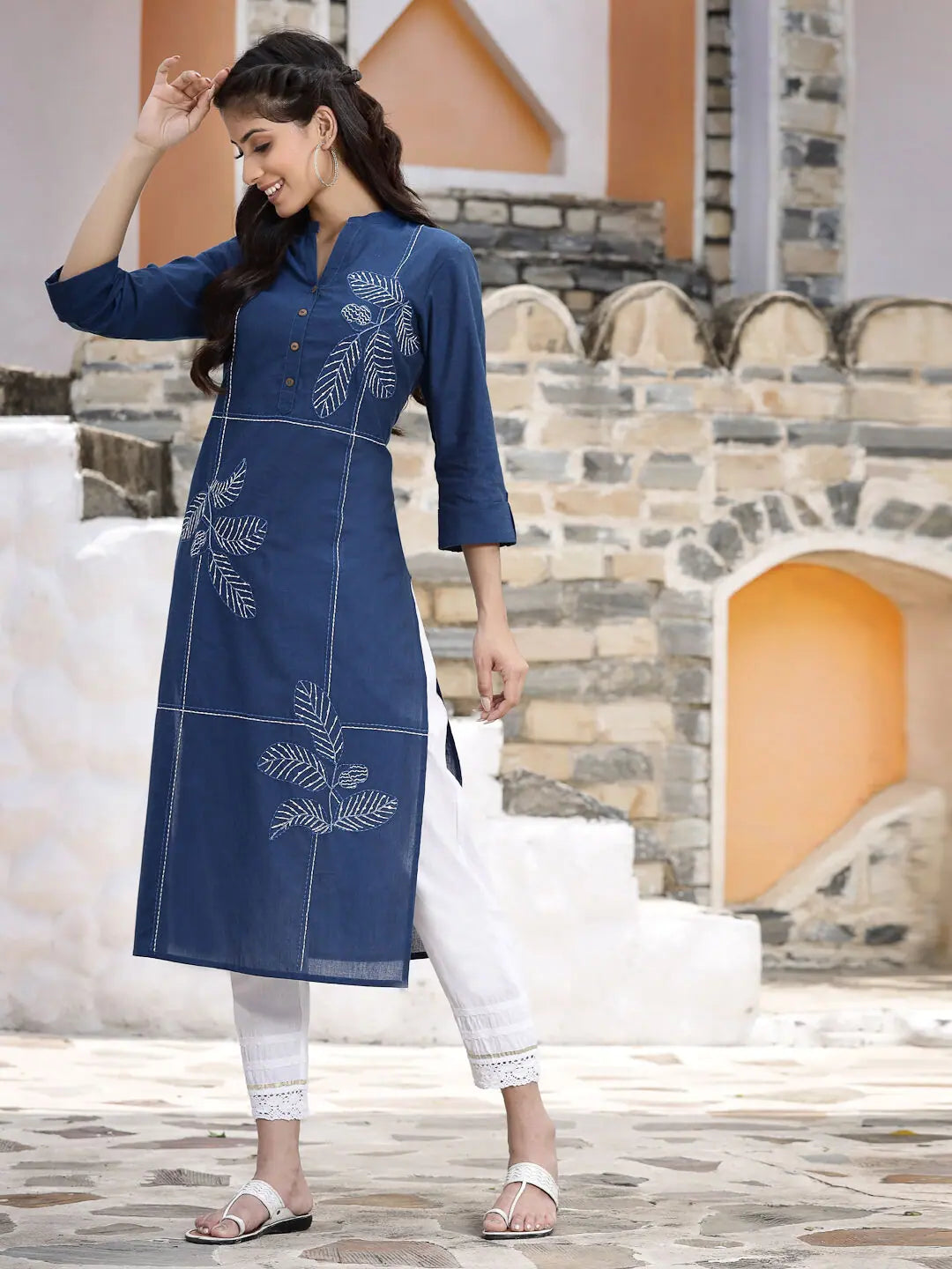 Royal Blue Embroidered Kurta - Women's Indian Kurta Style