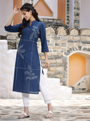 Women's Royal Blue Cotton Embroidered Straight Kurta