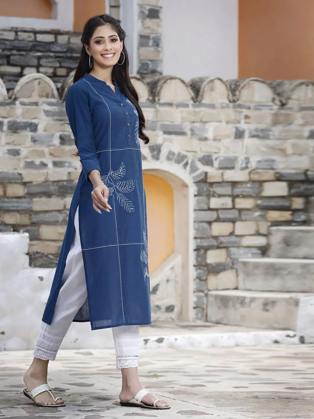 Royal Blue Embroidered Kurta - Women's Indian Kurta Style