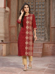 Women's Maroon Rayon Printed Straight Kurta
