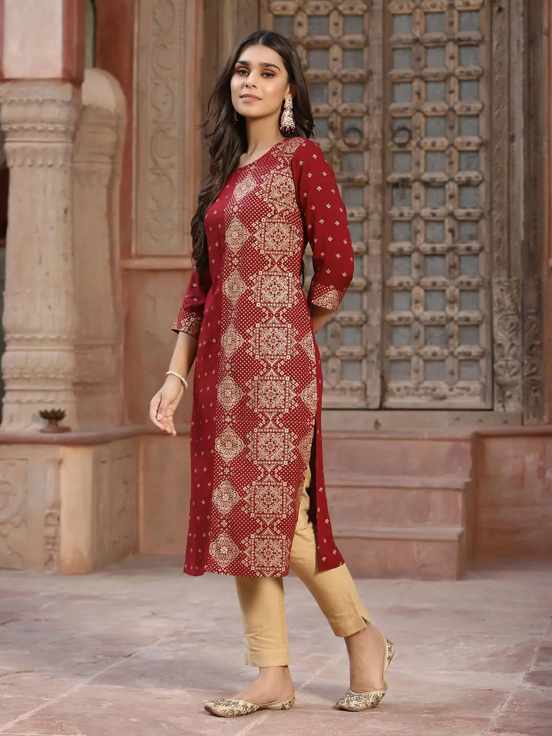 Maroon Printed Rayon Kurta | Ladies Indian Kurta Fashion