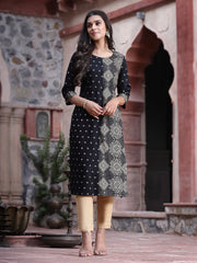 Women's Black Rayon Printed Straight Kurta
