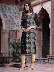 Women's Black Rayon Printed Straight Kurta