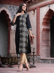 Women's Black Rayon Printed Straight Kurta