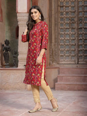Women's Red Muslin Printed Straight Kurta