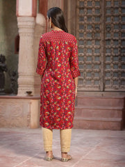 Women's Red Muslin Printed Straight Kurta