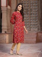Women's Red Muslin Printed Straight Kurta