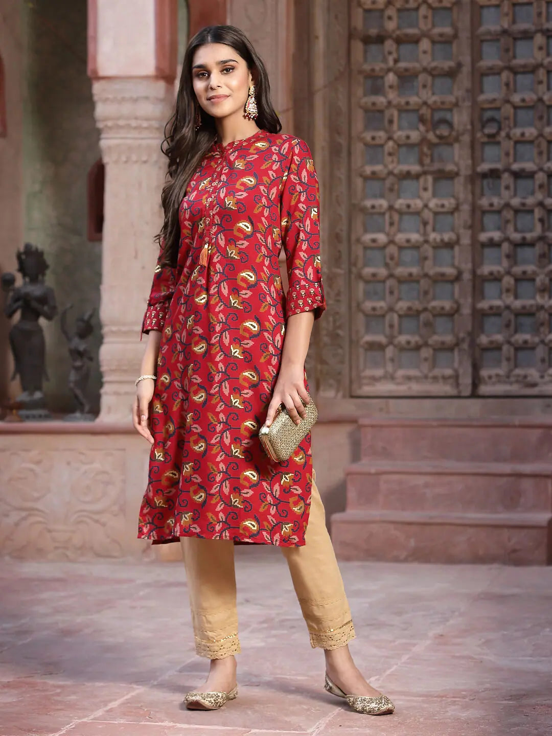 Red Printed Indian Kurta - Women's Straight Cut Cotton Kurti