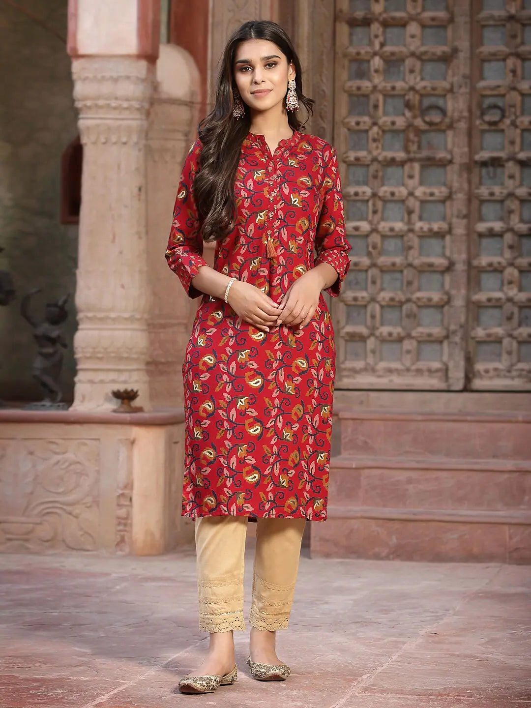Red Printed Indian Kurta - Women's Straight Cut Cotton Kurti