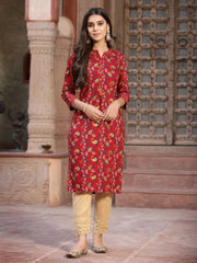 Women's Red Muslin Printed Straight Kurta