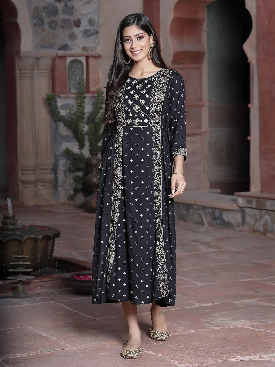Black Embroidered Flared Dress | Women's Indian Dresses Online