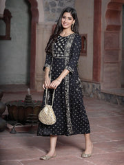 Women's Black Rayon Printed Embroidered Flared Dress
