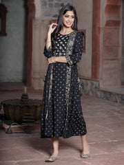 Women's Black Rayon Printed Embroidered Flared Dress
