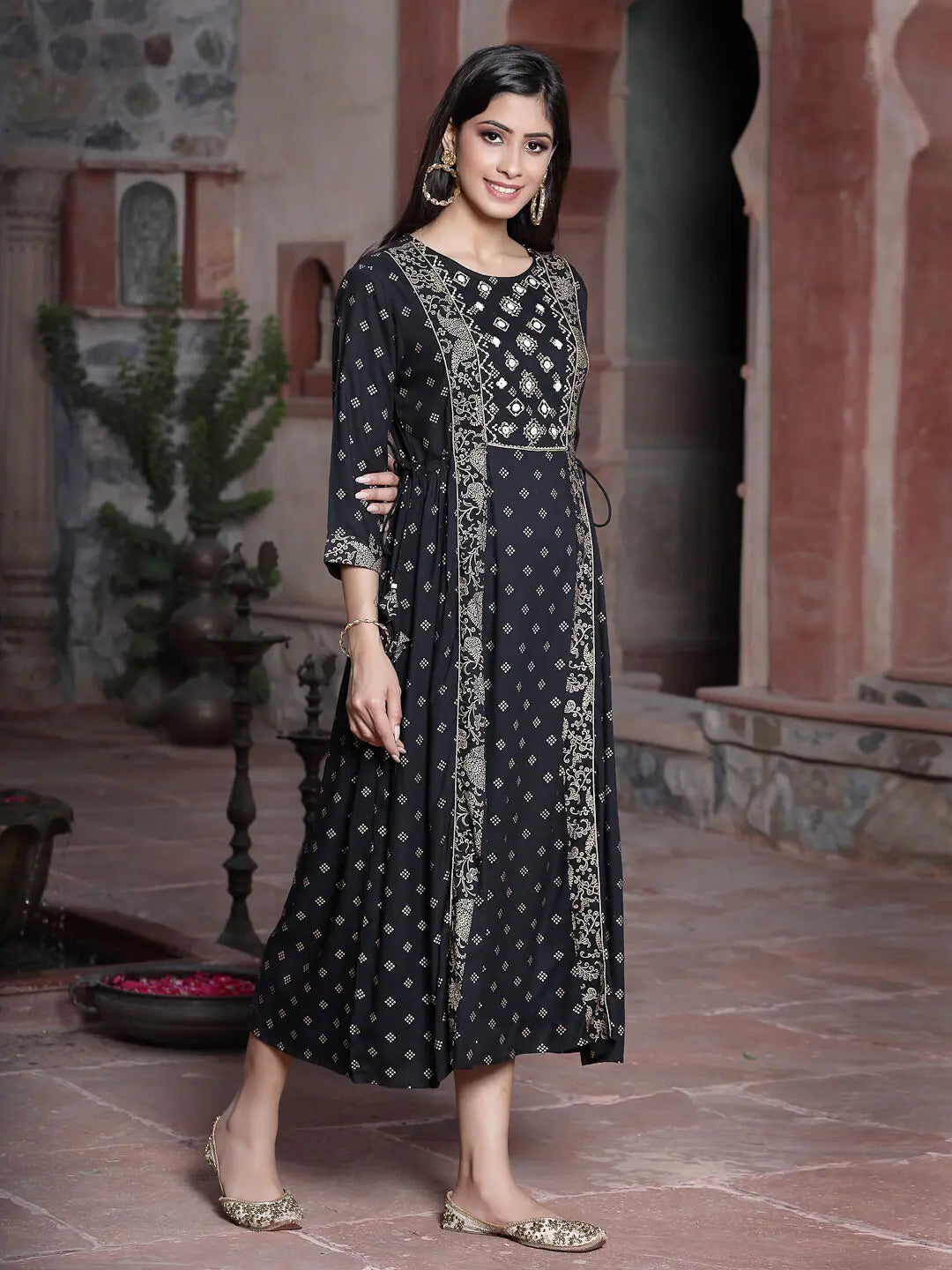 Black Embroidered Flared Dress | Women's Indian Dresses Online