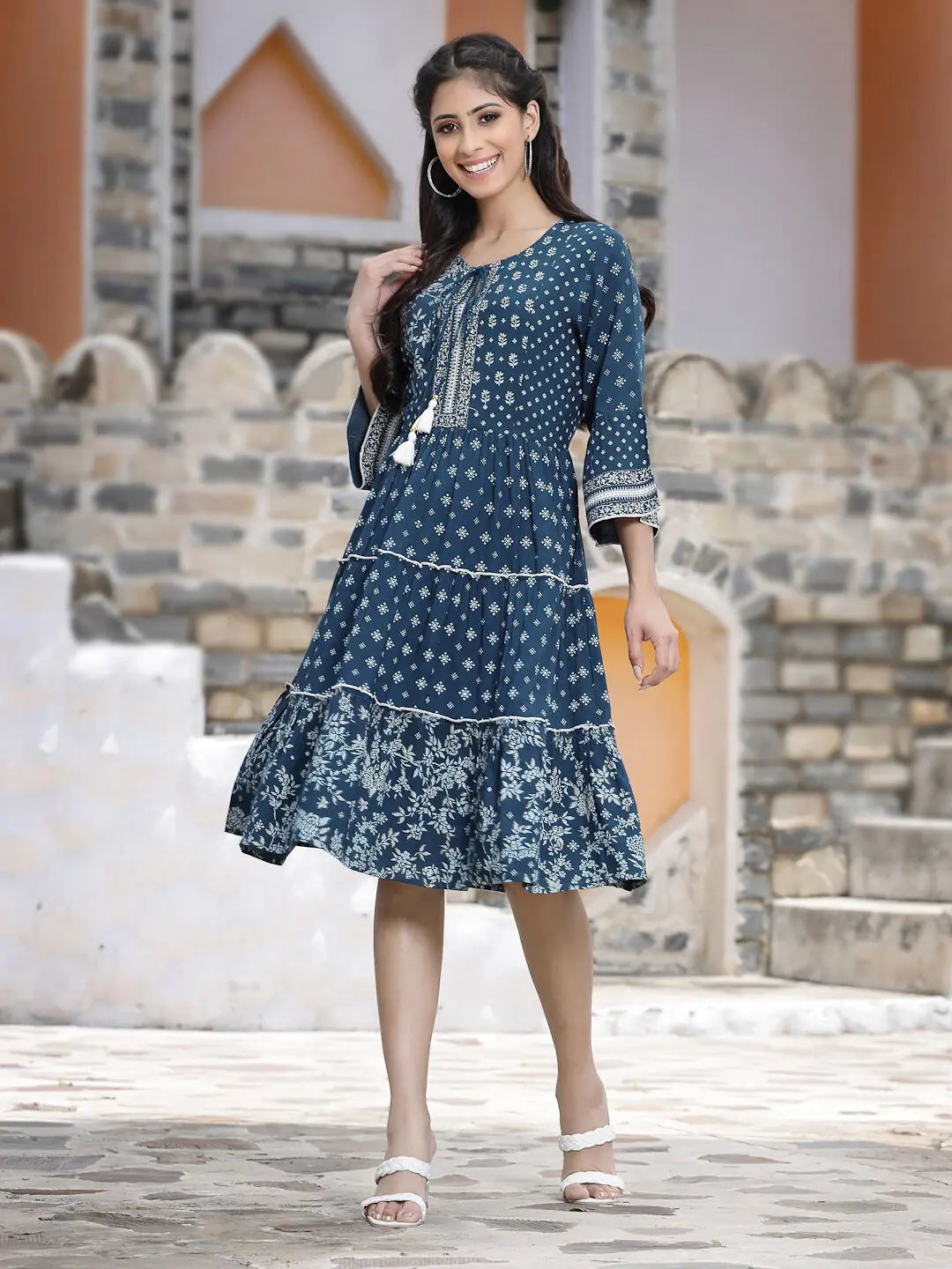 Women's Blue Rayon Printed Tiered Short Dress
