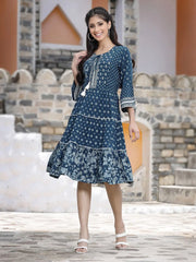 Women's Blue Rayon Printed Tiered Short Dress