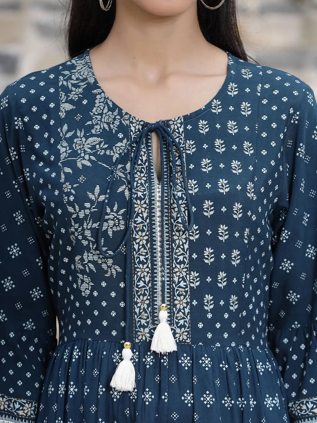Blue Printed Tiered Dress - Indian Dresses Online