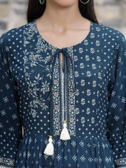 Women's Blue Rayon Printed Tiered Short Dress