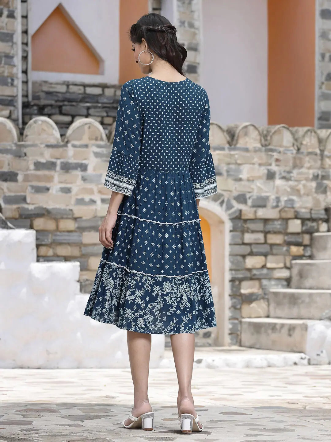 Blue Printed Tiered Dress - Indian Dresses Online