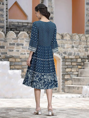 Women's Blue Rayon Printed Tiered Short Dress