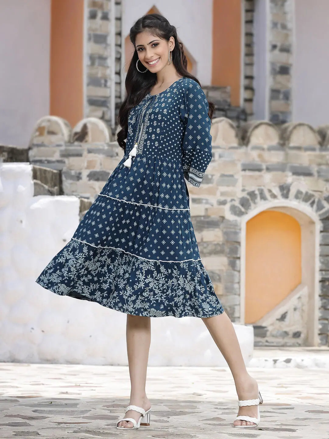 Blue Printed Tiered Dress - Indian Dresses Online