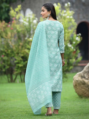 Women's Sky Blue Cotton Cambric Festive Printed Kurta Set