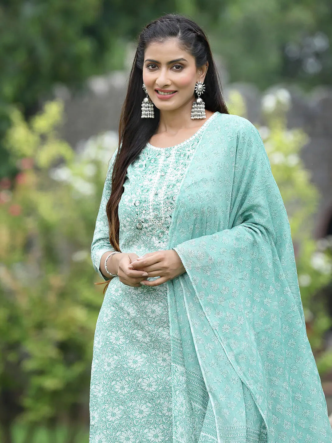 Sky Blue Cotton Kurta Set | Women's Printed Indian Kurta Sets