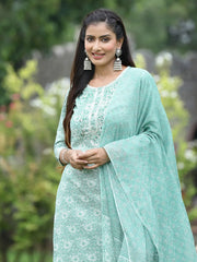 Women's Sky Blue Cotton Cambric Festive Printed Kurta Set
