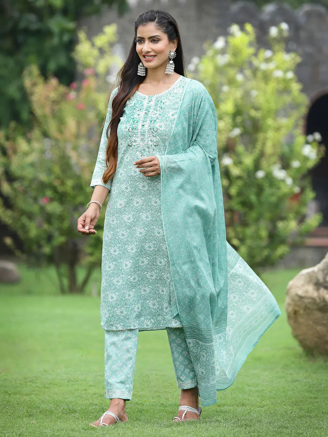 Sky Blue Cotton Kurta Set | Women's Printed Indian Kurta Sets