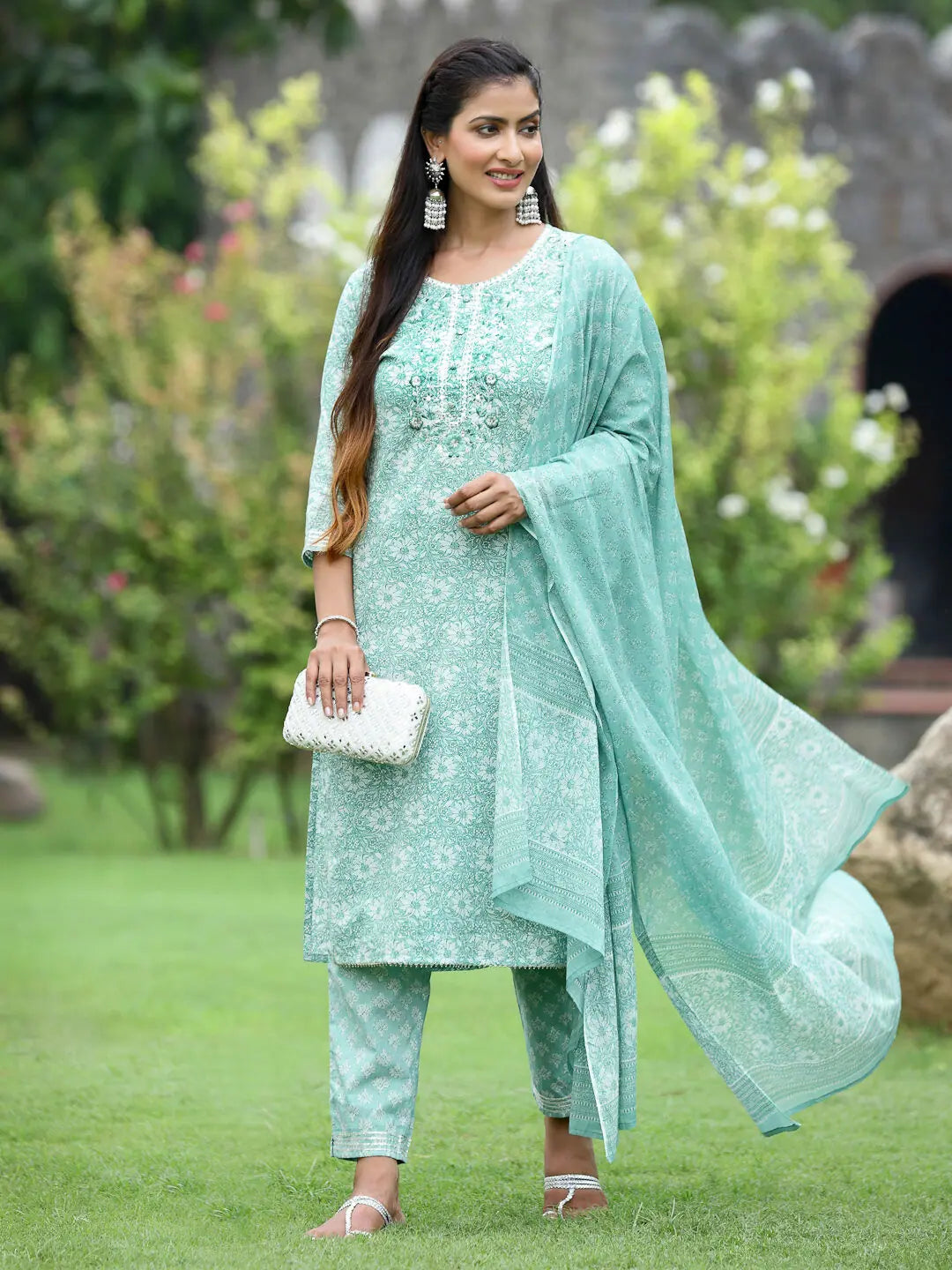 Sky Blue Cotton Kurta Set | Women's Printed Indian Kurta Sets