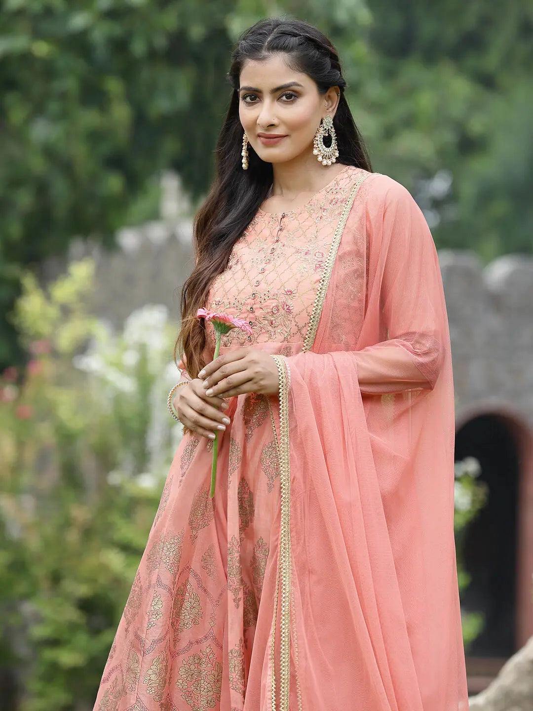 Peach Floral Kurta Set | Embroidered Indian Women's Kurta Sets