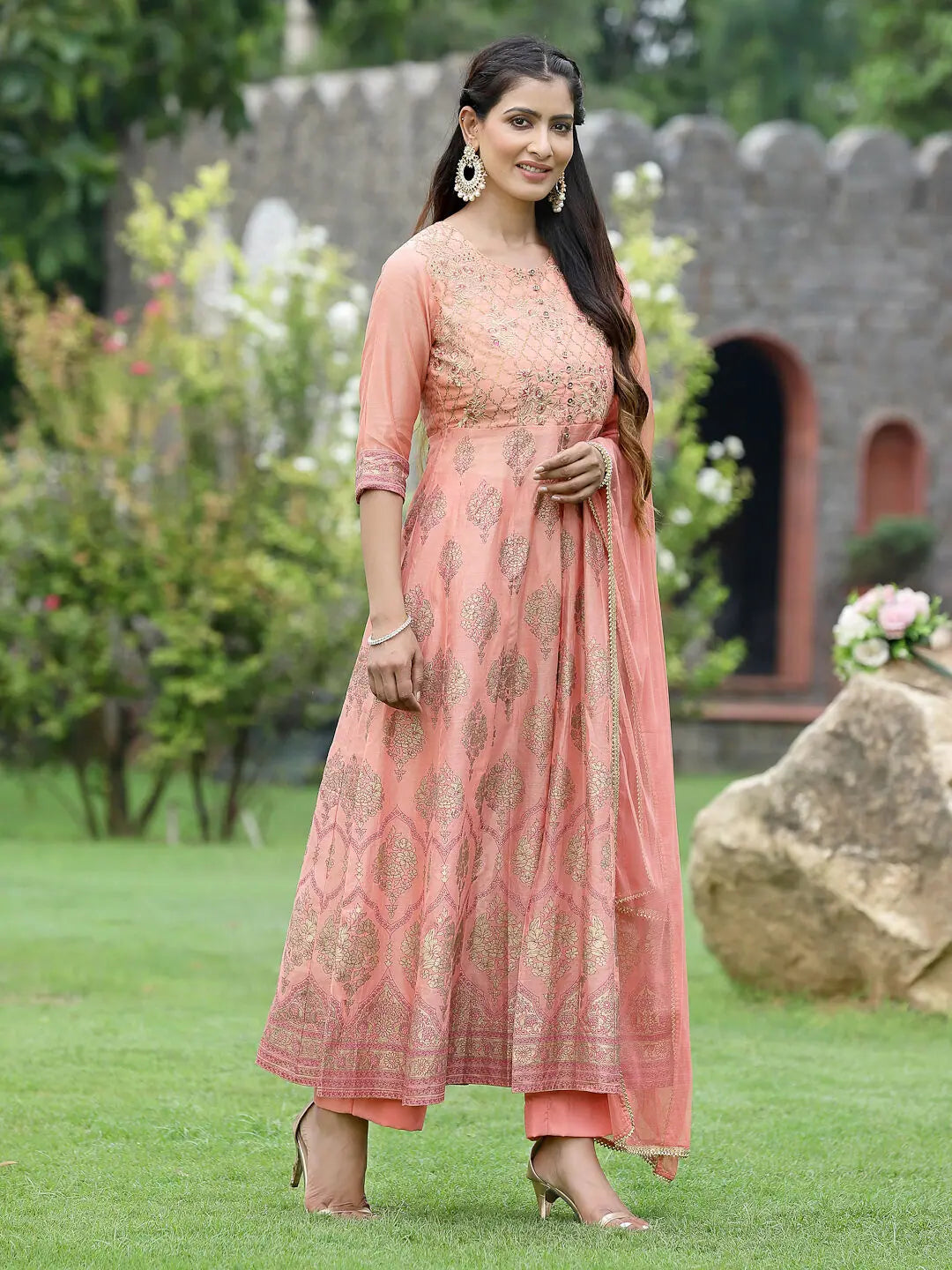 Peach Chanderi Festive Embroidered Floral Print Flared Kurta Set