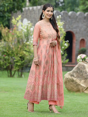 Peach Chanderi Festive Embroidered Floral Print Flared Kurta Set