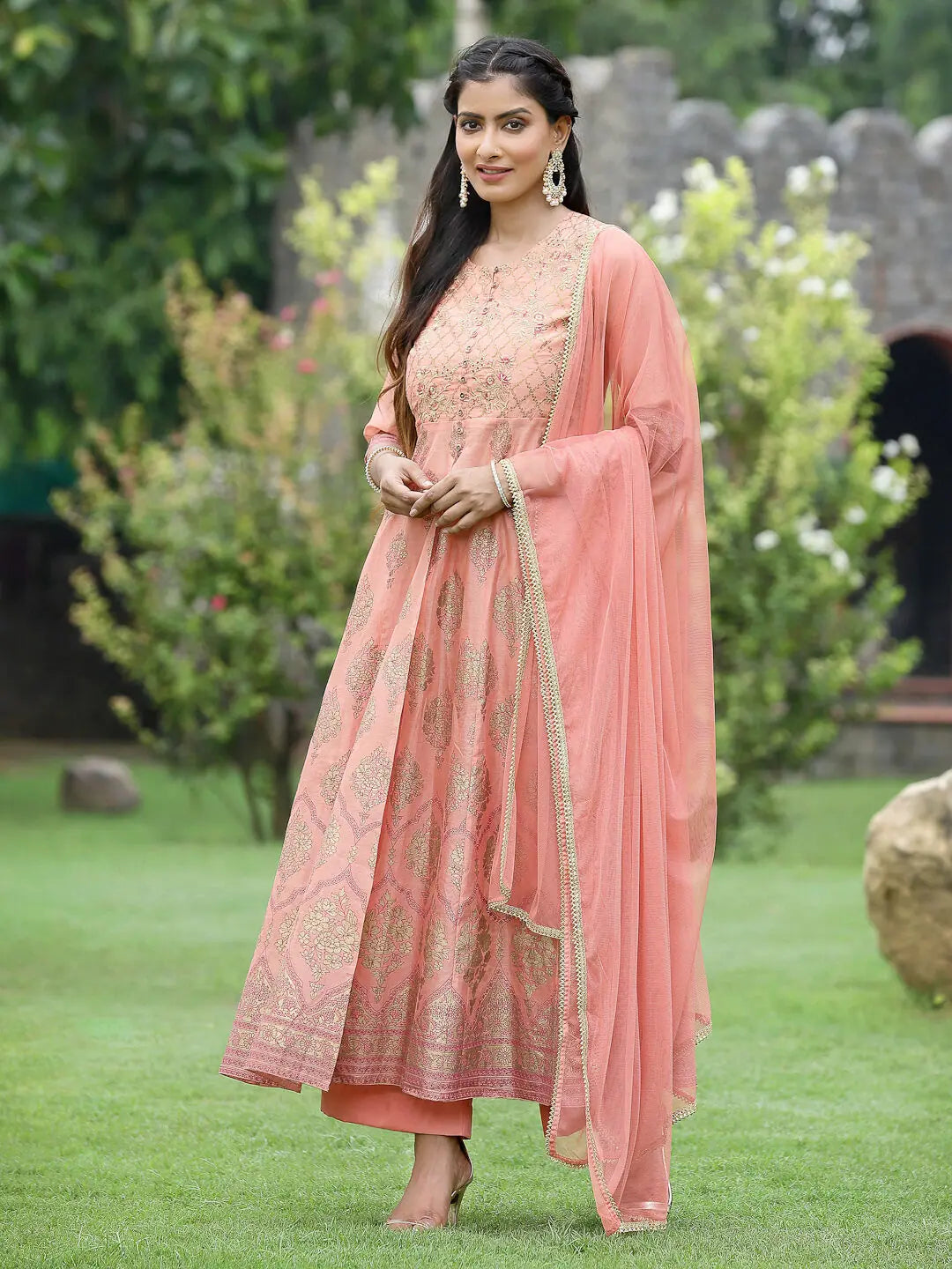 Peach Floral Kurta Set | Embroidered Indian Women's Kurta Sets