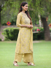Mustard Chanderi Festive Embroidered Placement Printed A-line Kurta Set