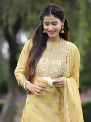 Mustard Chanderi Festive Embroidered Placement Printed A-line Kurta Set